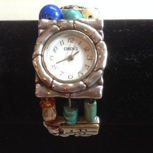 Chico's Beaded Turquoise Silver Bracelet Watch